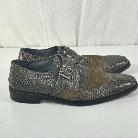 Stacy Adams Mens Dress Shoes 11M Gray Faux Crocodile Monk Strap Formal Casual